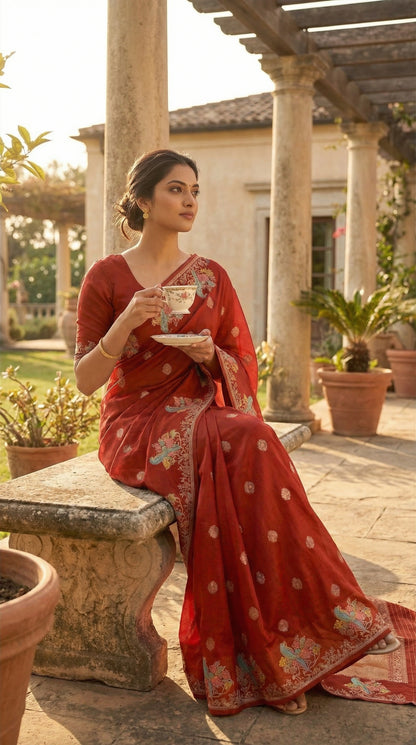 Silk Saree with Parrot Motifs and Zari Border - Orange
