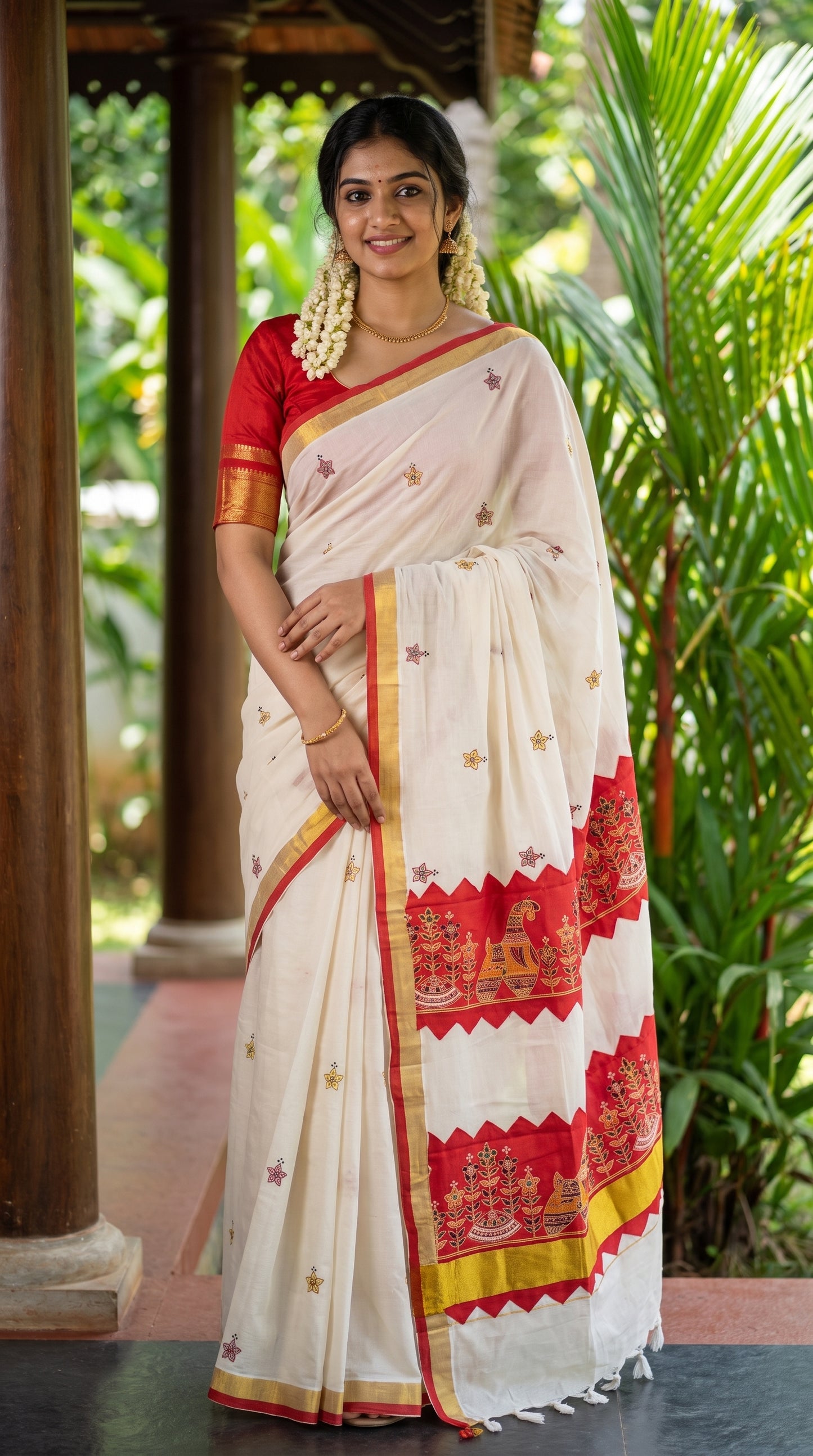 Full-length portrait of a smiling woman standing under a wooden pavilion next to tropical greenery, displaying the full front profile of a white and red Kerala cotton saree