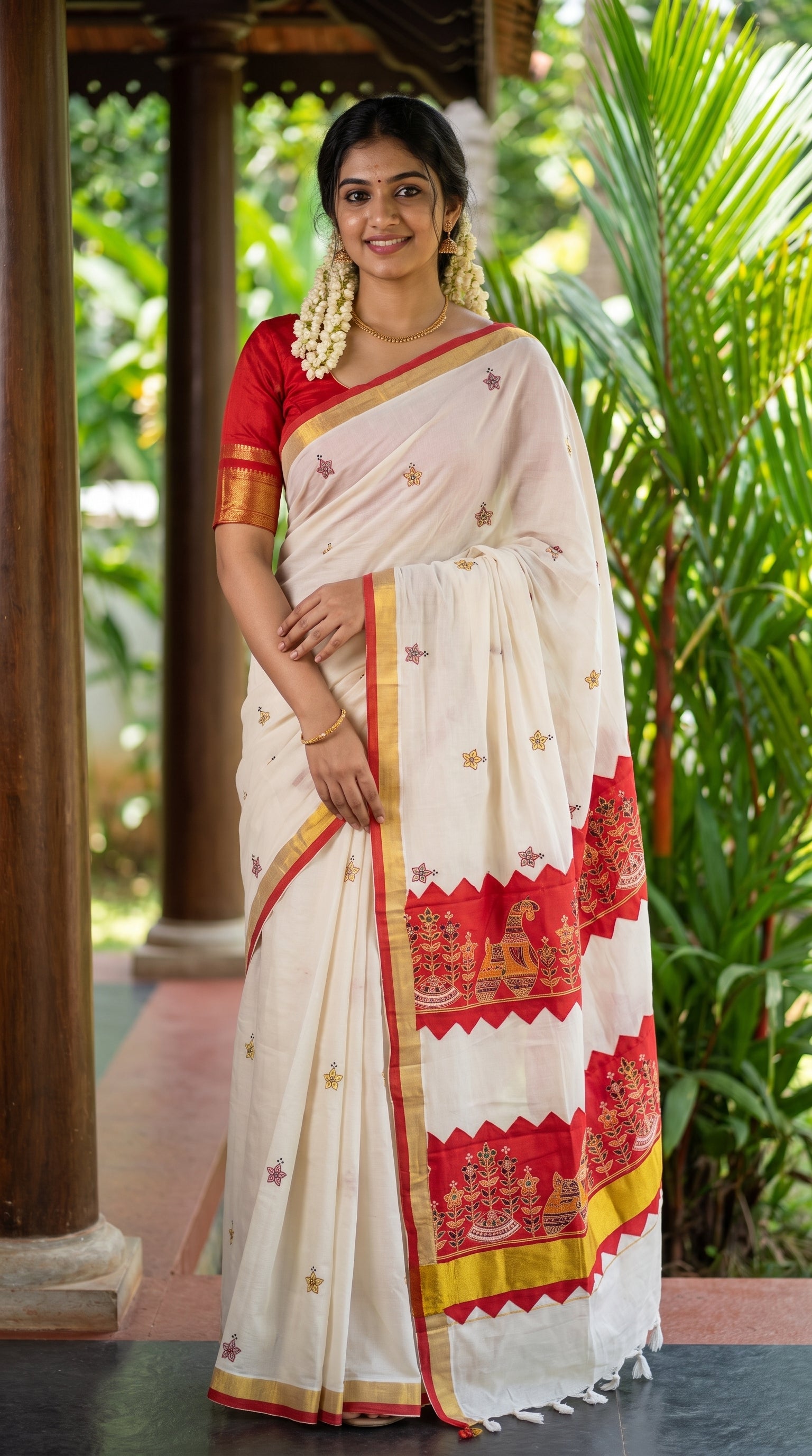 Full-length portrait of a smiling woman standing under a wooden pavilion next to tropical greenery, displaying the full front profile of a white and red Kerala cotton saree
