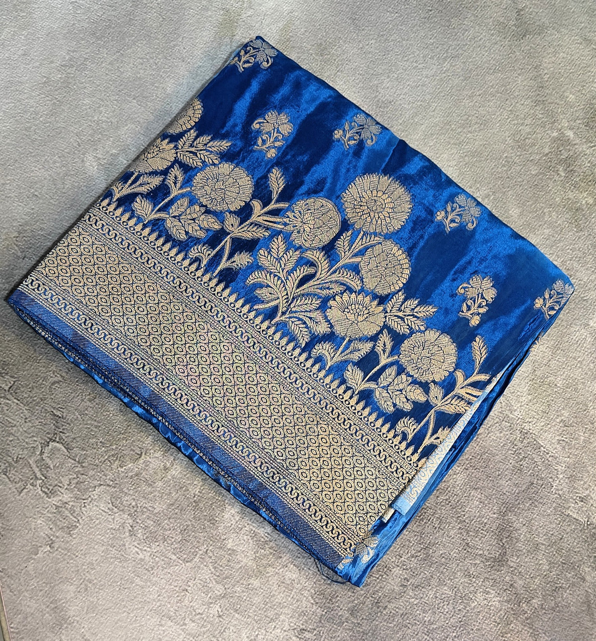 Crepe Silk Saree with Flowered Zari Border-Blue
