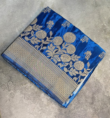 Crepe Silk Saree with Flowered Zari Border-Blue