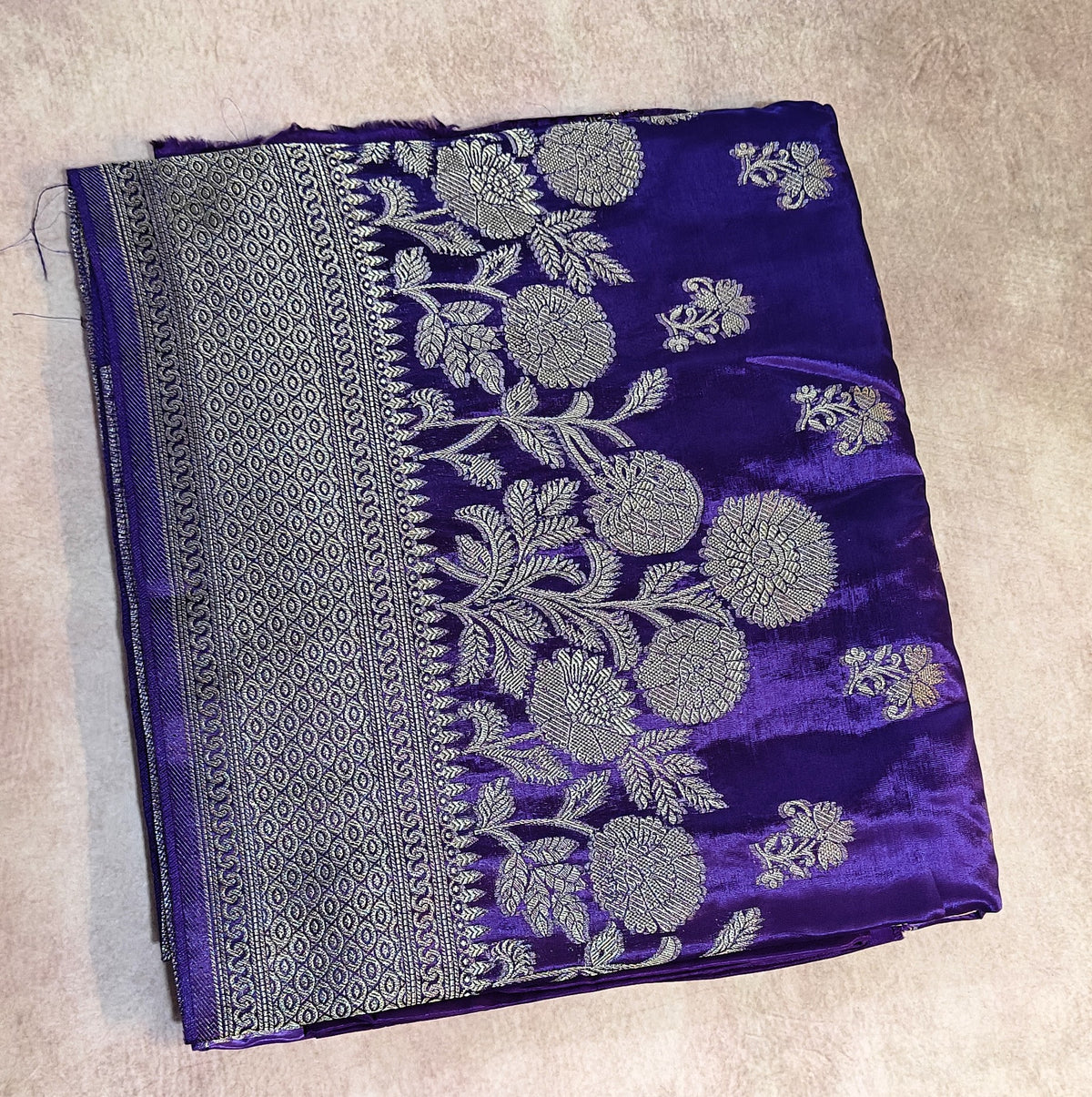 Crepe Silk Saree with Flowered Zari Border-Purple