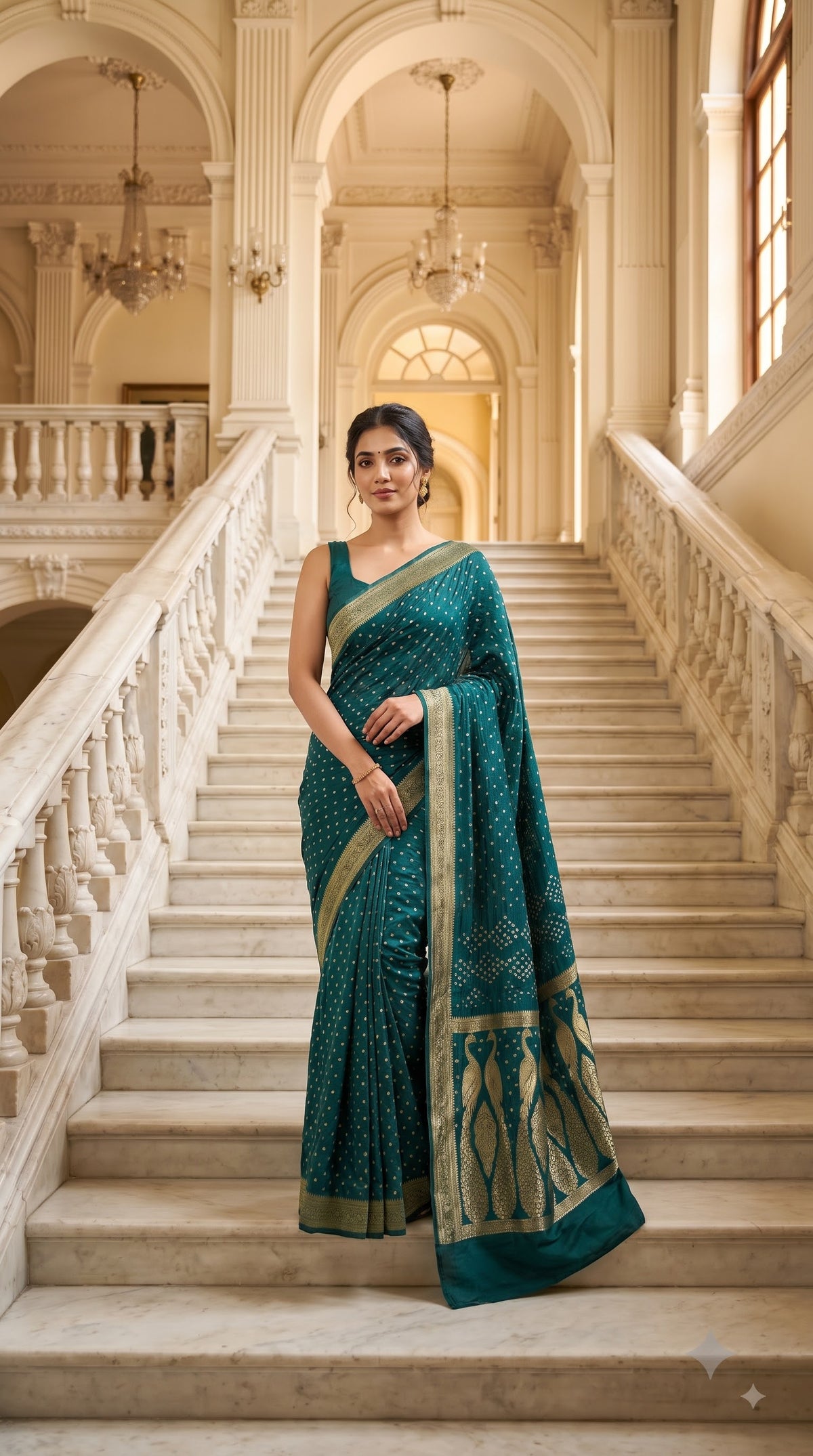 Art Silk Bandhani with Golden Zari - Rama Green