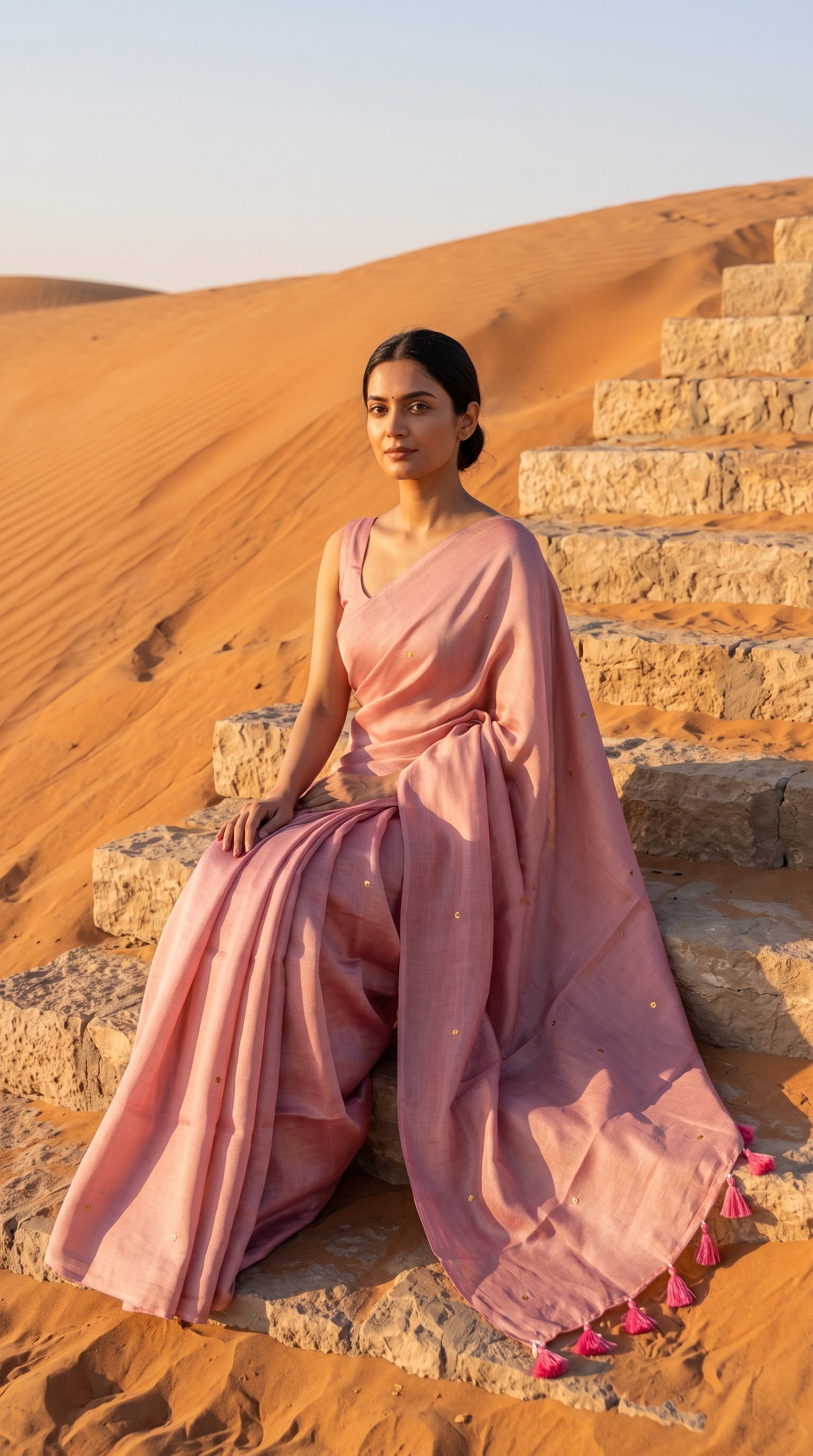 Model seated elegantly on stone desert steps at sunrise, beautifully displaying the translucent weave, crisp pleats, and subtle gold buttas of a pink tissue saree