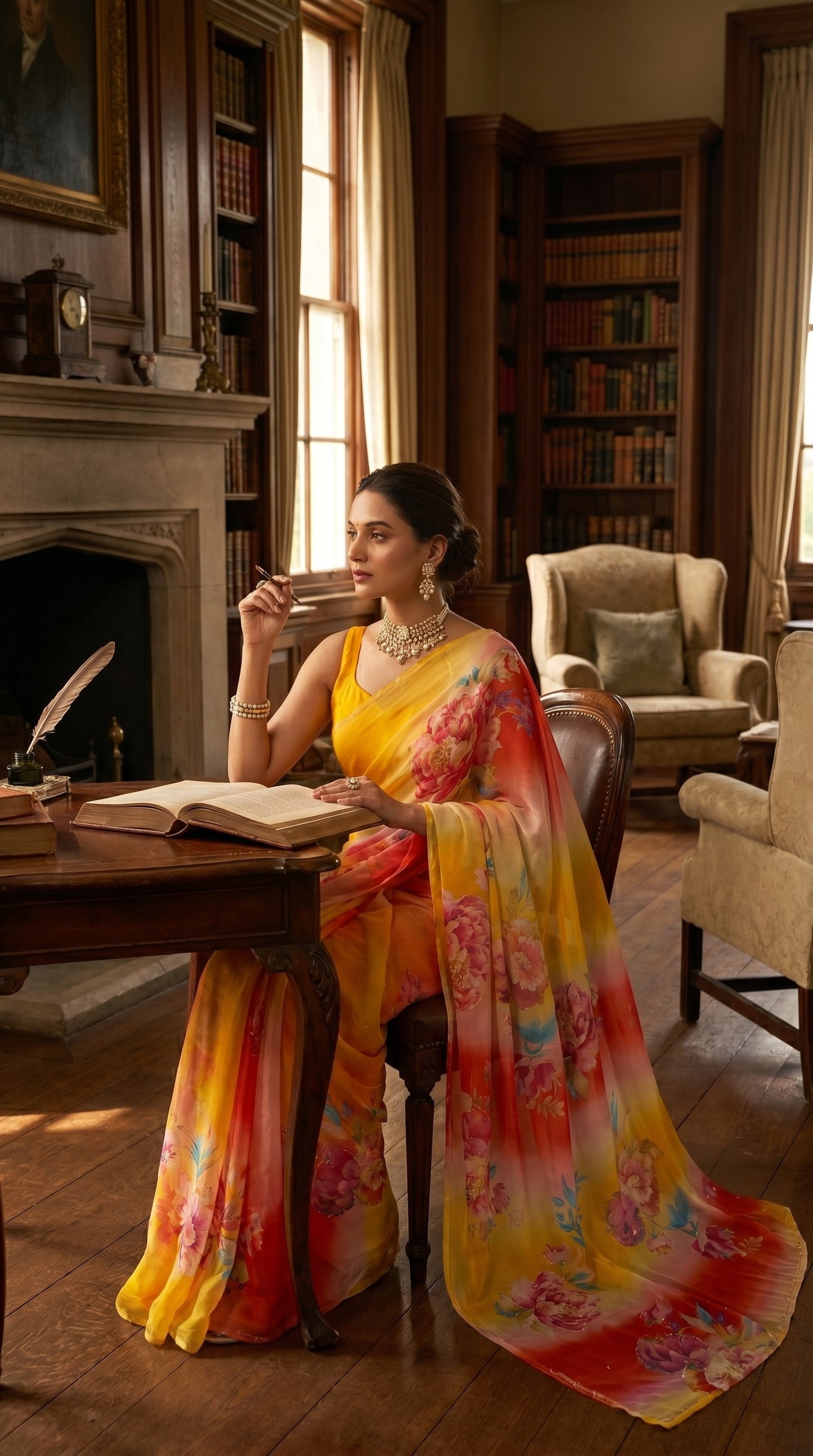 A woman wearing a yellow and red ombré floral chiffon saree sitting thoughtfully at a vintage desk in a grand classical library