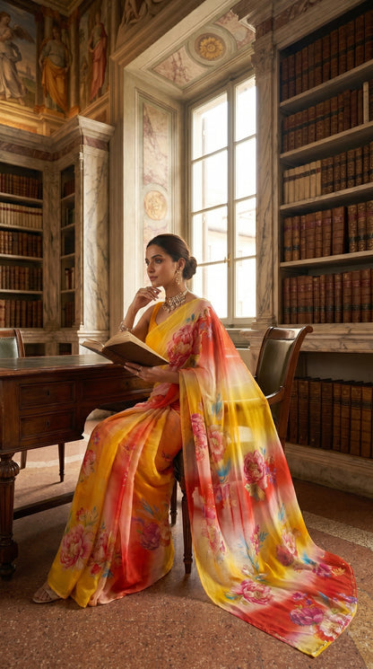 Side view of a woman writing at a classic study desk draped in a light, semi-sheer marigold yellow and red floral printed saree