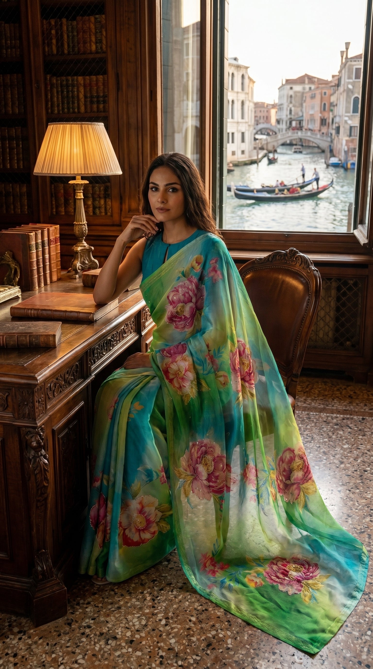 Full-length view of a blue and green floral print chiffon saree styled gracefully at a luxury study desk overlooking a scenic river canal