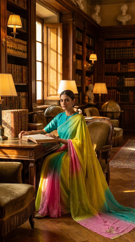 Full-length image of the Tropical Lagoon multi-color chiffon saree showing the fluid drape and gota patti pallu details in a heritage library room