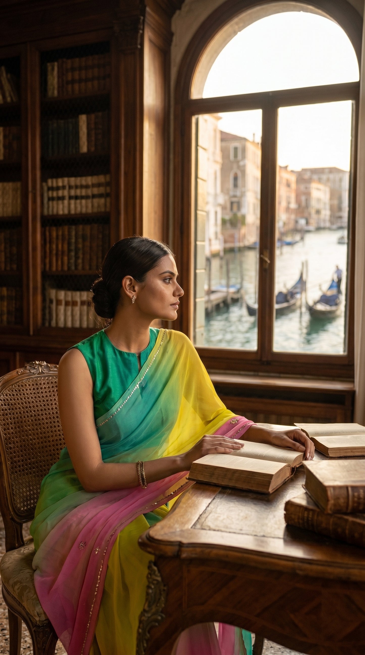 Model wearing a blue, green, pink, and yellow ombré chiffon saree sitting at a desk next to a large arched window overlooking a canal