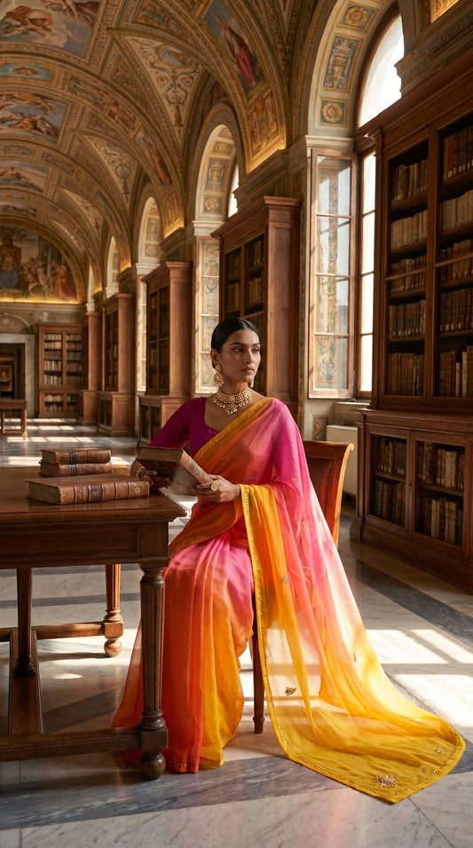 A woman sitting at a grand wooden library desk showcasing the fluid pink-to-yellow gradient drape of a premium chiffon saree
