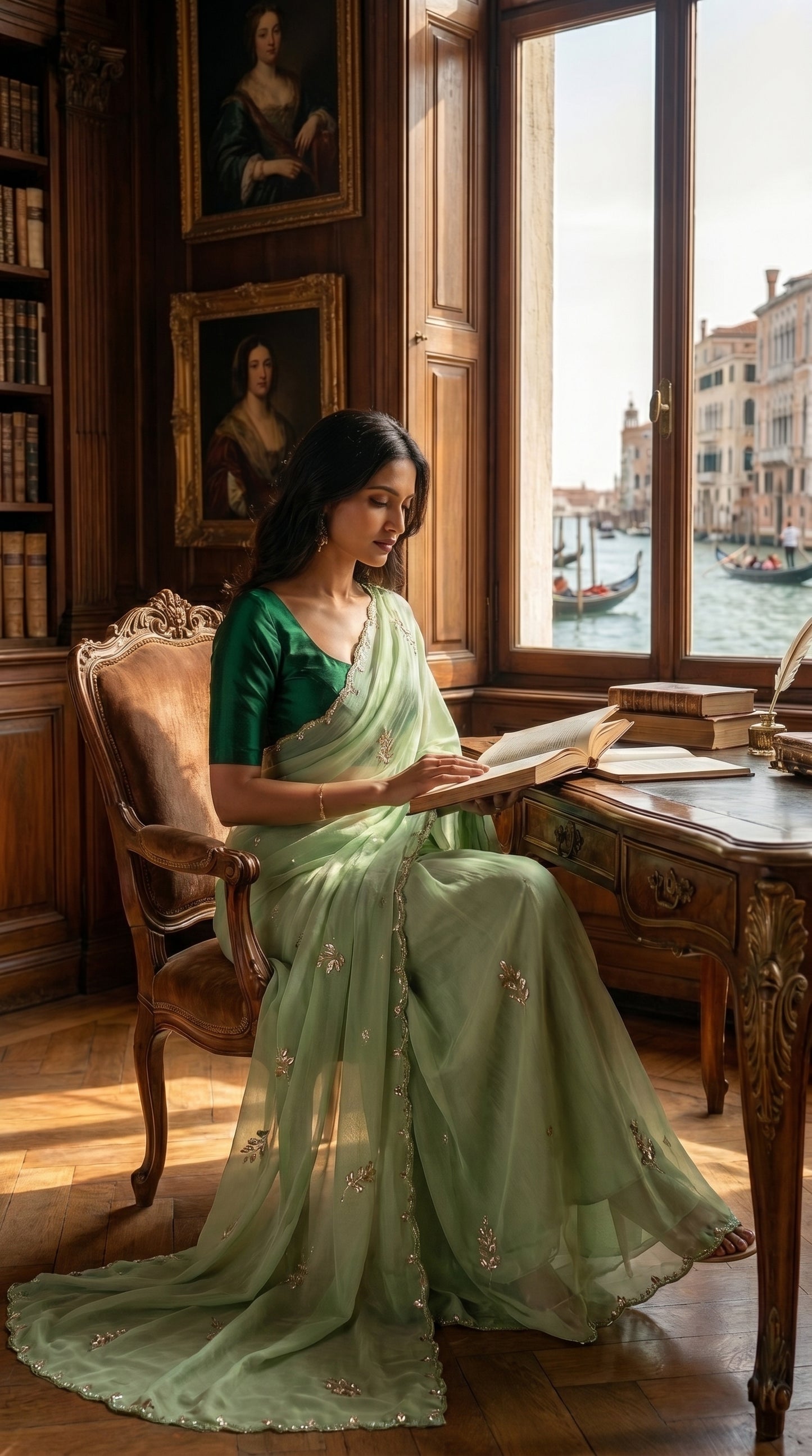 Model sitting gracefully on a vintage leather chair in a sunlit room, displaying the delicate scalloped cut work border of her sage green saree