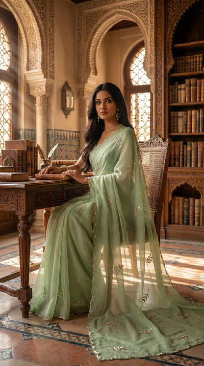A woman sitting at a grand wooden library desk showcasing the airy, translucent drape of a sage green chiffon saree with gold leaf details