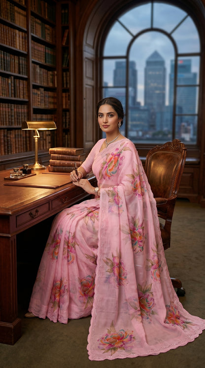 A woman draped in a blush pink floral printed chiffon saree with a delicate cutwork border sitting gracefully at a dark wood desk in a library overlooking city skyscrapers