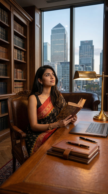 A woman draped in a black Ikat-inspired blended silk saree sitting at a long mahogany desk, holding an open book inside a luxury library room