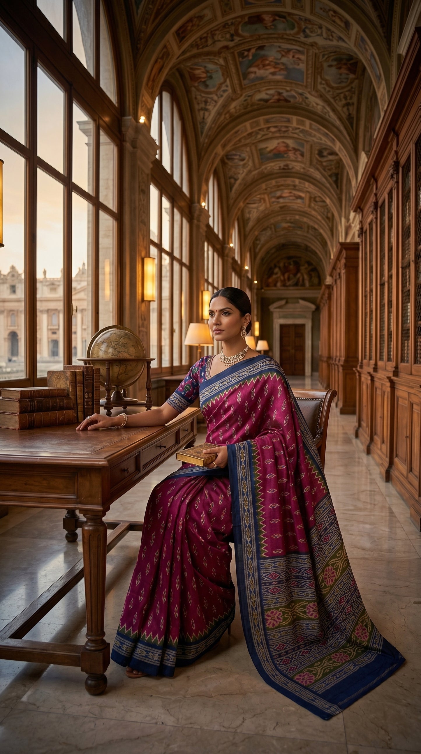 A woman draped in a magenta Ikat-inspired blended silk saree sitting at a long wooden desk inside a grand heritage library gallery