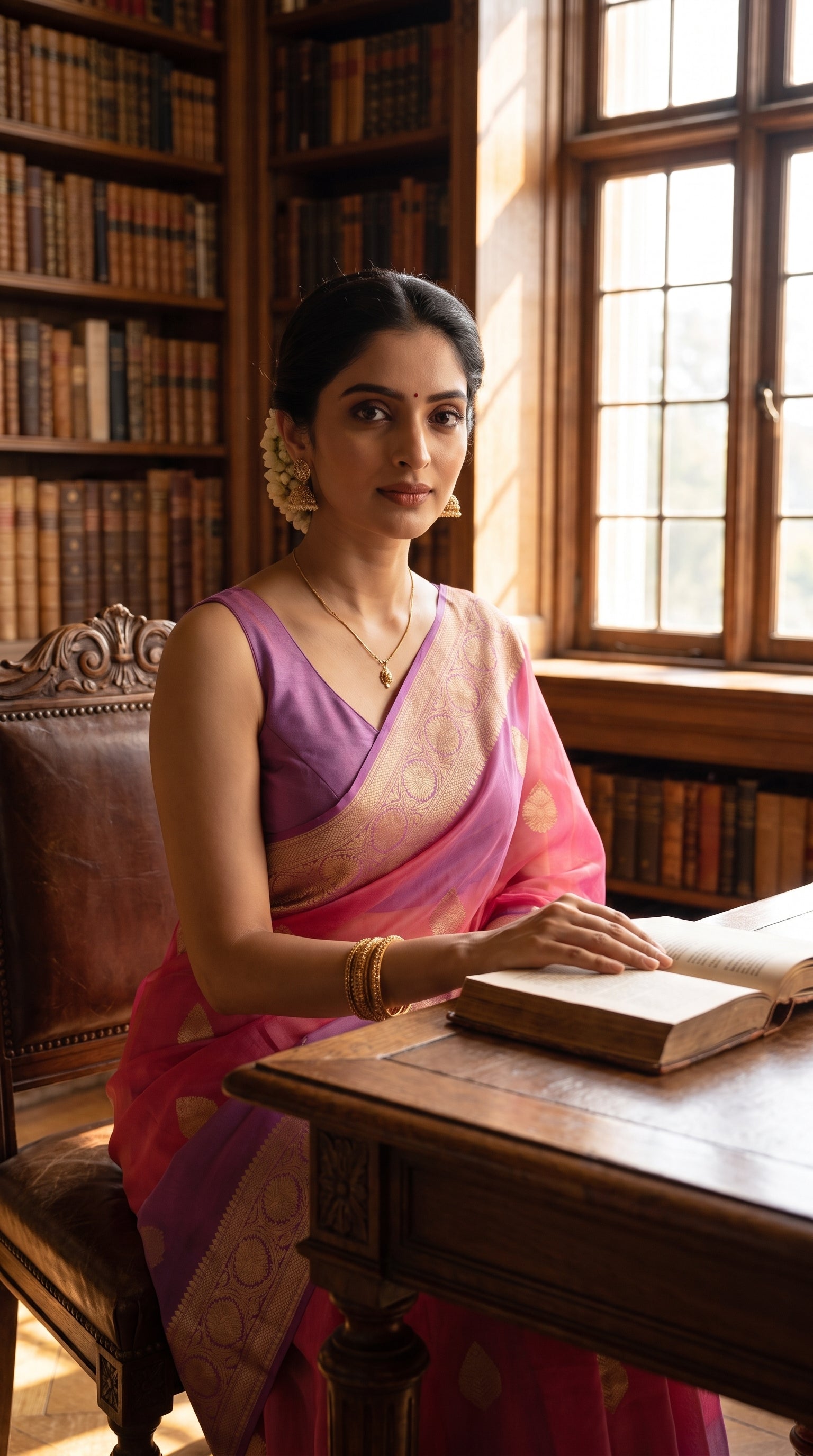 A portrait of a woman sitting at a vintage wooden desk inside a classic library room, looking into the camera while displaying her blush pink pure Kora silk saree paired with a matching purple sleeveless blouse
