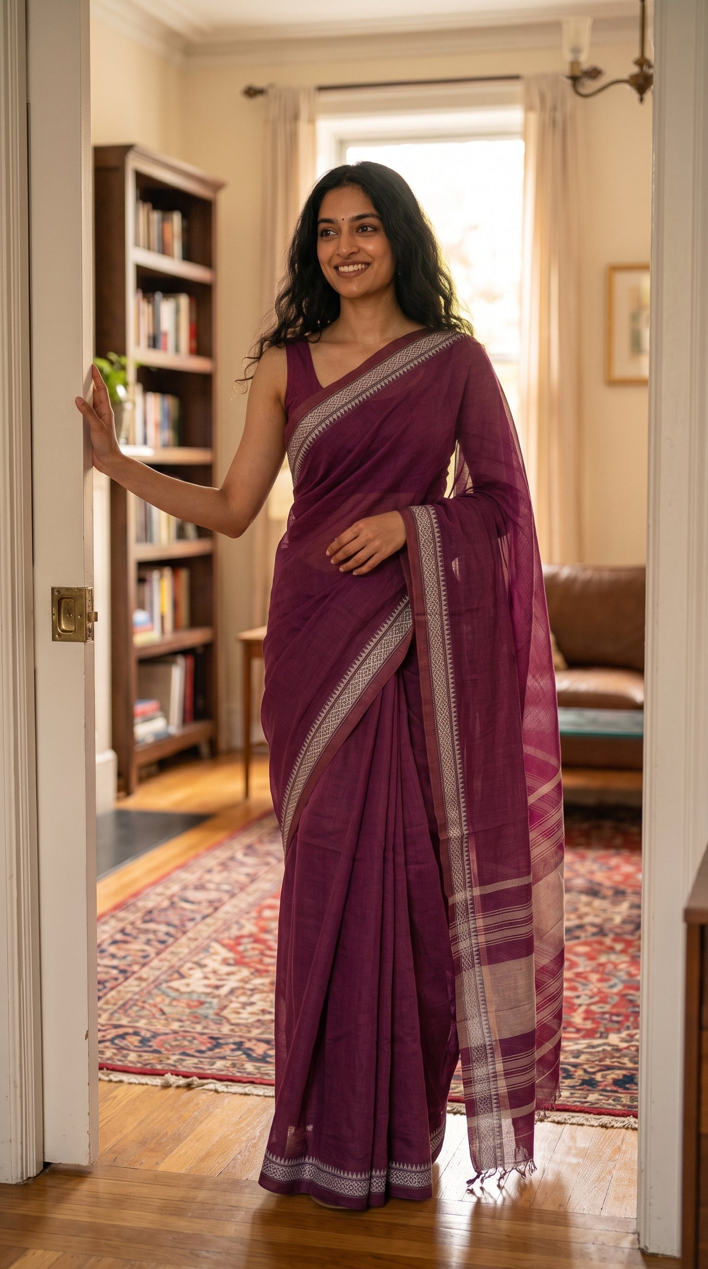 A smiling woman walking through a home doorway, displaying the lightweight, breathable texture and effortless drape of a magenta mul saree