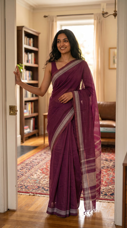 A smiling woman walking through a home doorway, displaying the lightweight, breathable texture and effortless drape of a magenta mul saree