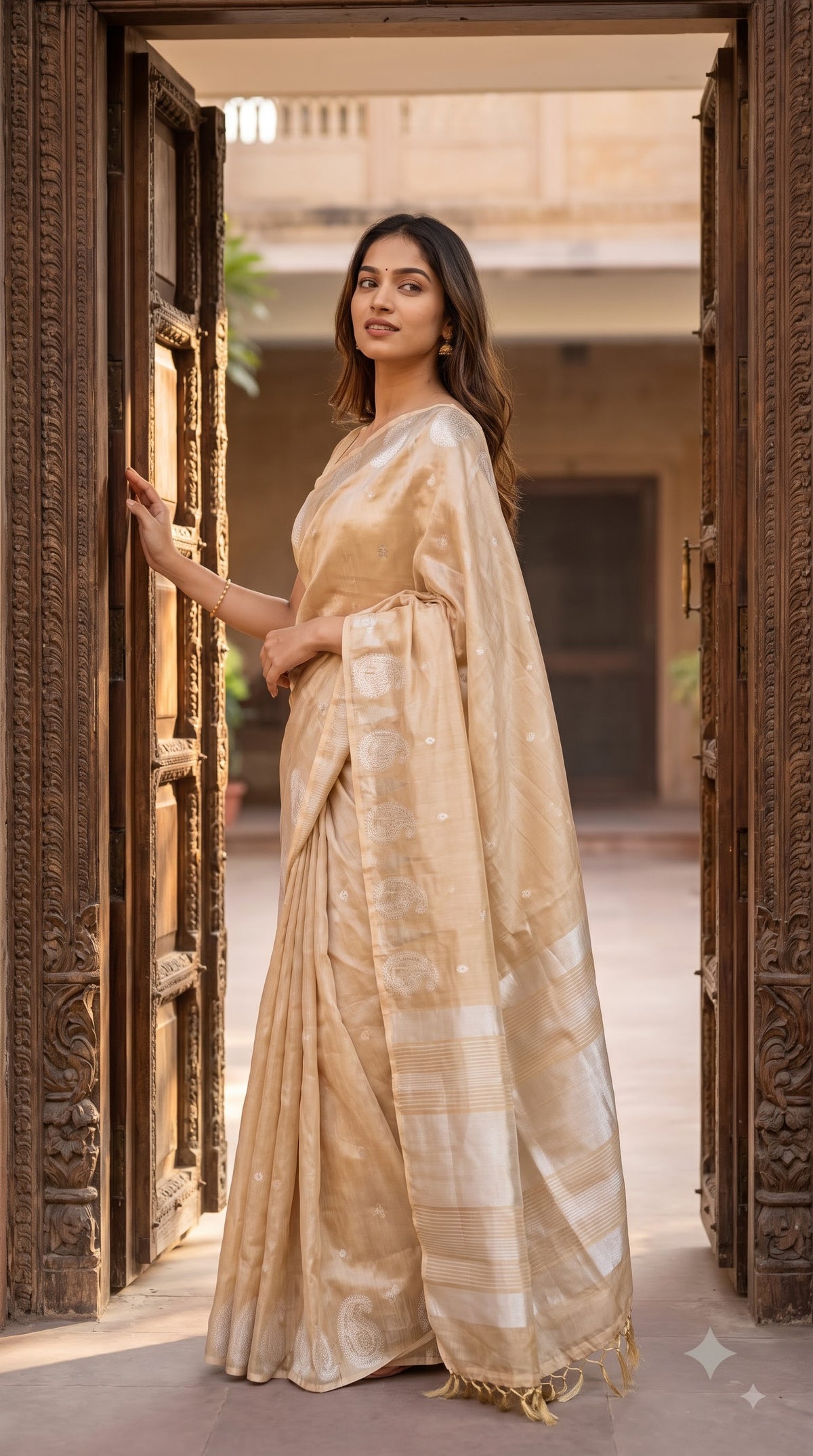 Tissue Silk Saree with Temple Border - Peach
