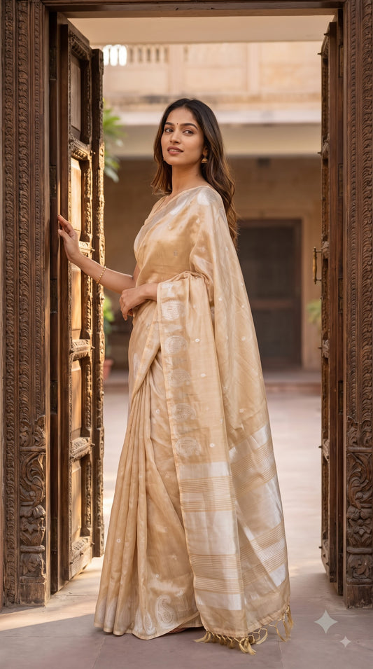 Tissue Silk Saree with Temple Border - Peach