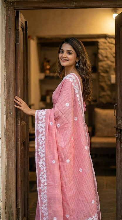 Pink Cotton Saree with Applique Border
