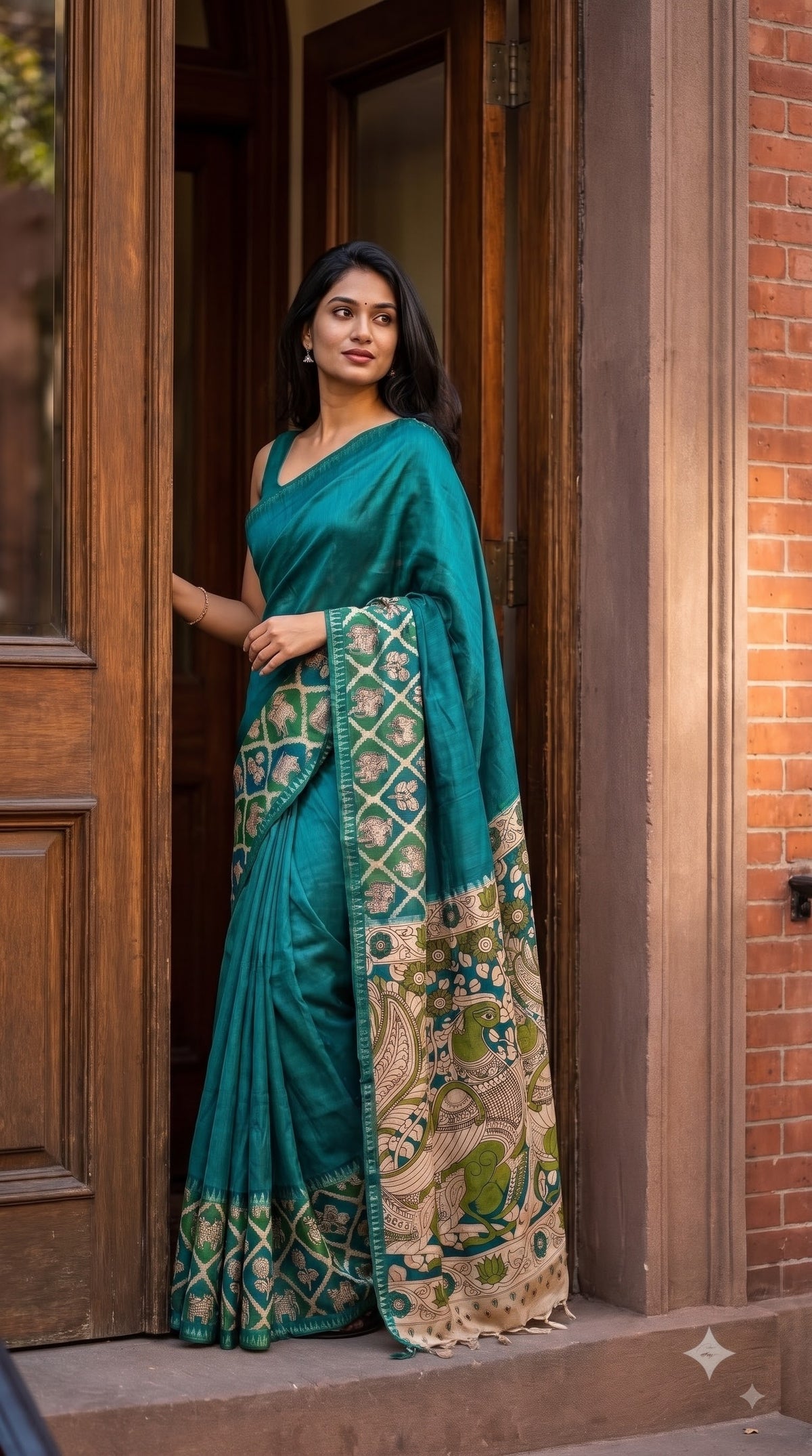 Plain Silk Saree with Kalamkari Gap Border - Rama Green