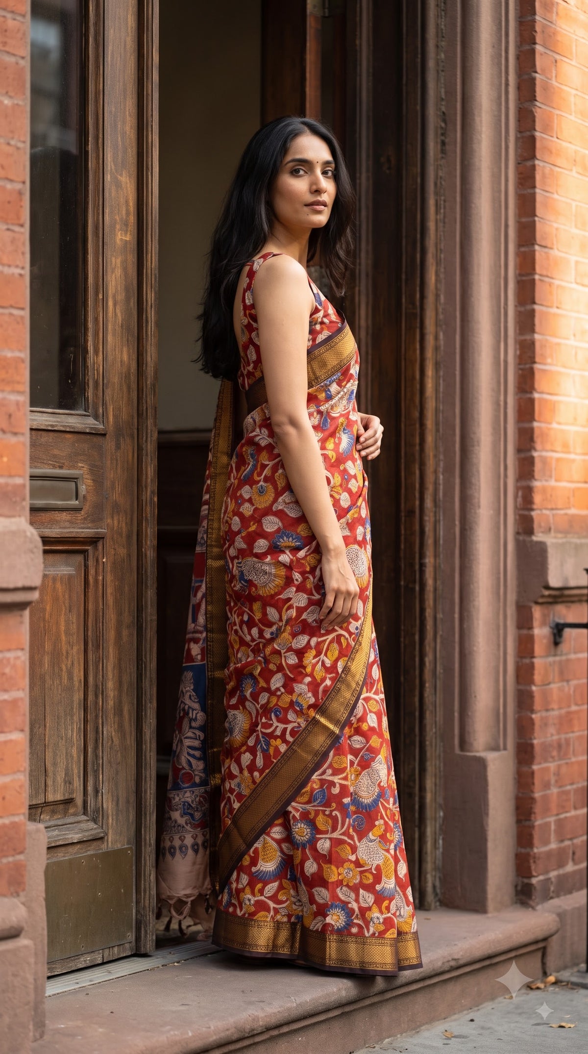 Printed Kalamkari Silk Saree with Border - Red & Black