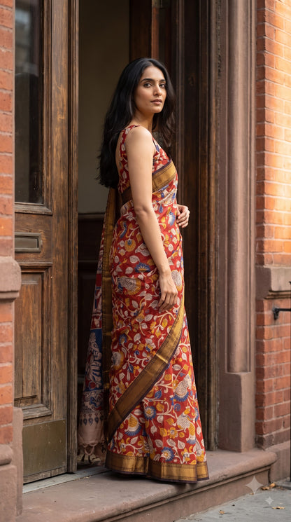 Printed Kalamkari Silk Saree with Border - Red & Black