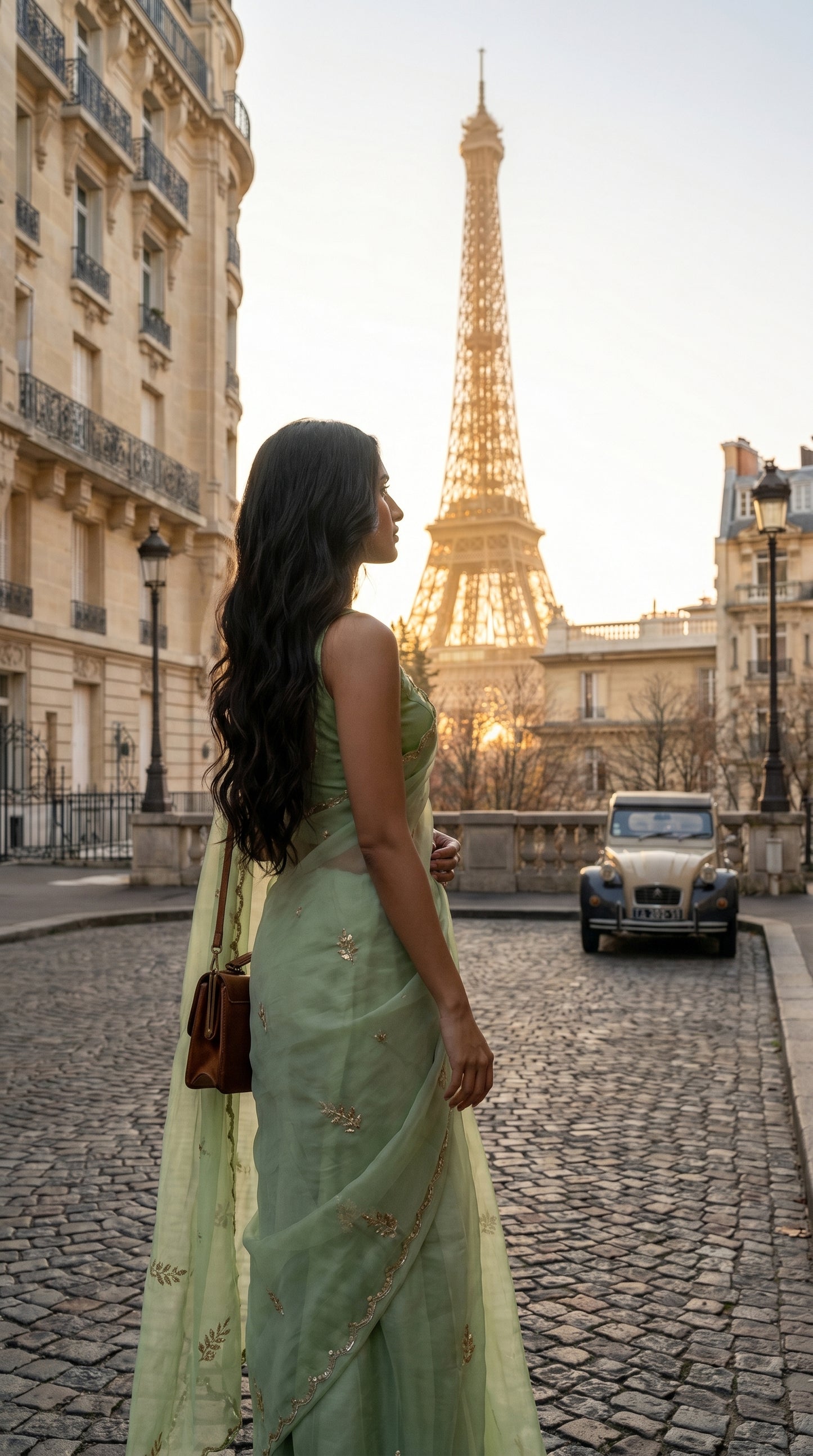 Side profile of a model looking towards the Eiffel Tower at sunrise, draped in an elegant sage green chiffon saree with delicate cut work