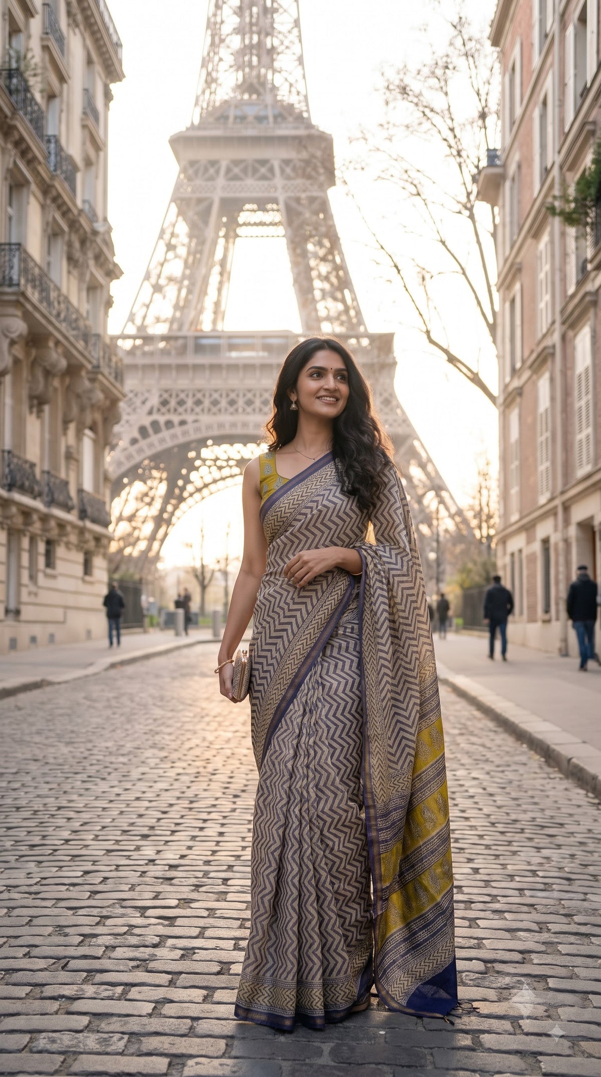 Chanderi Silk Saree with Zigzag Design - Beige & Purple