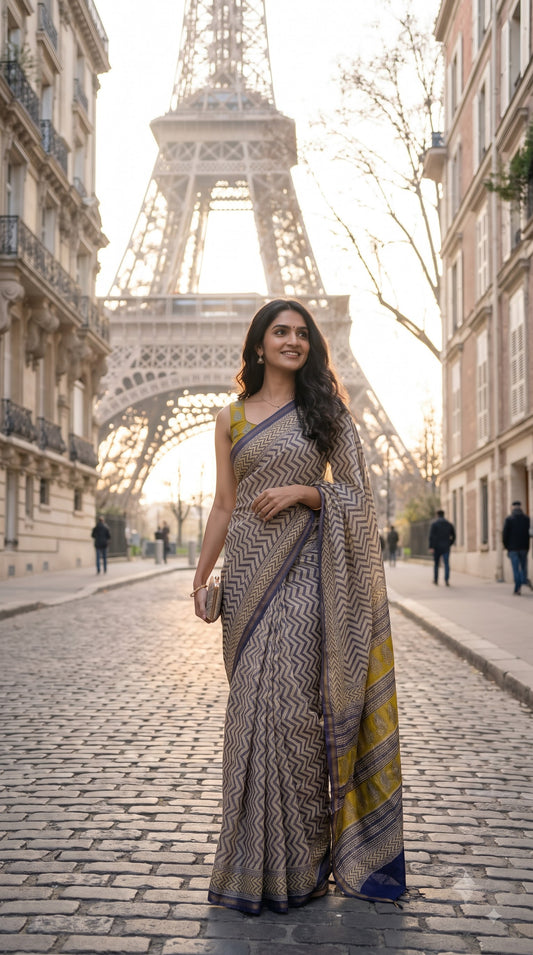 Chanderi Silk Saree with Zigzag Design - Beige & Purple