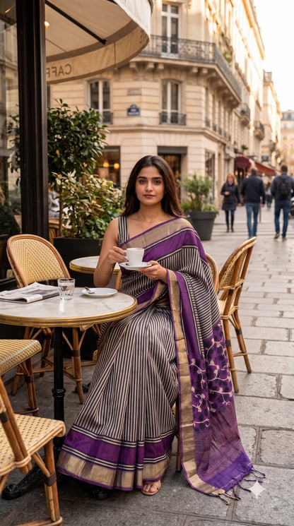 Silk with Stripes & Kalamkari Pallu - Purple