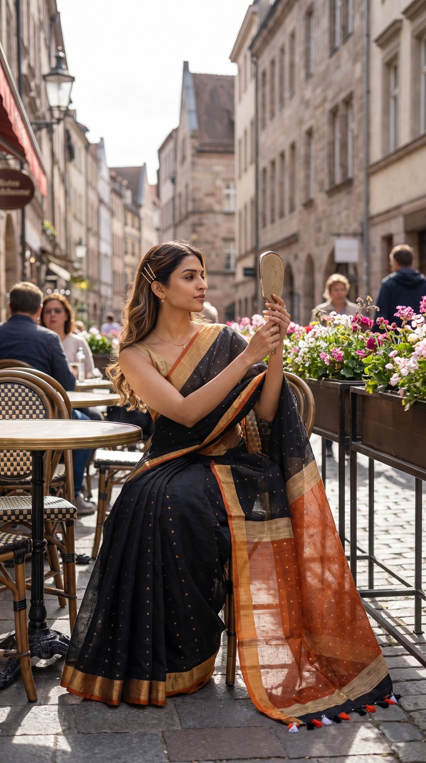 A woman reflected in a vintage mirror along a European café street lined with cherry blossoms, showcasing a black sequined linen saree with an orange organza pallu