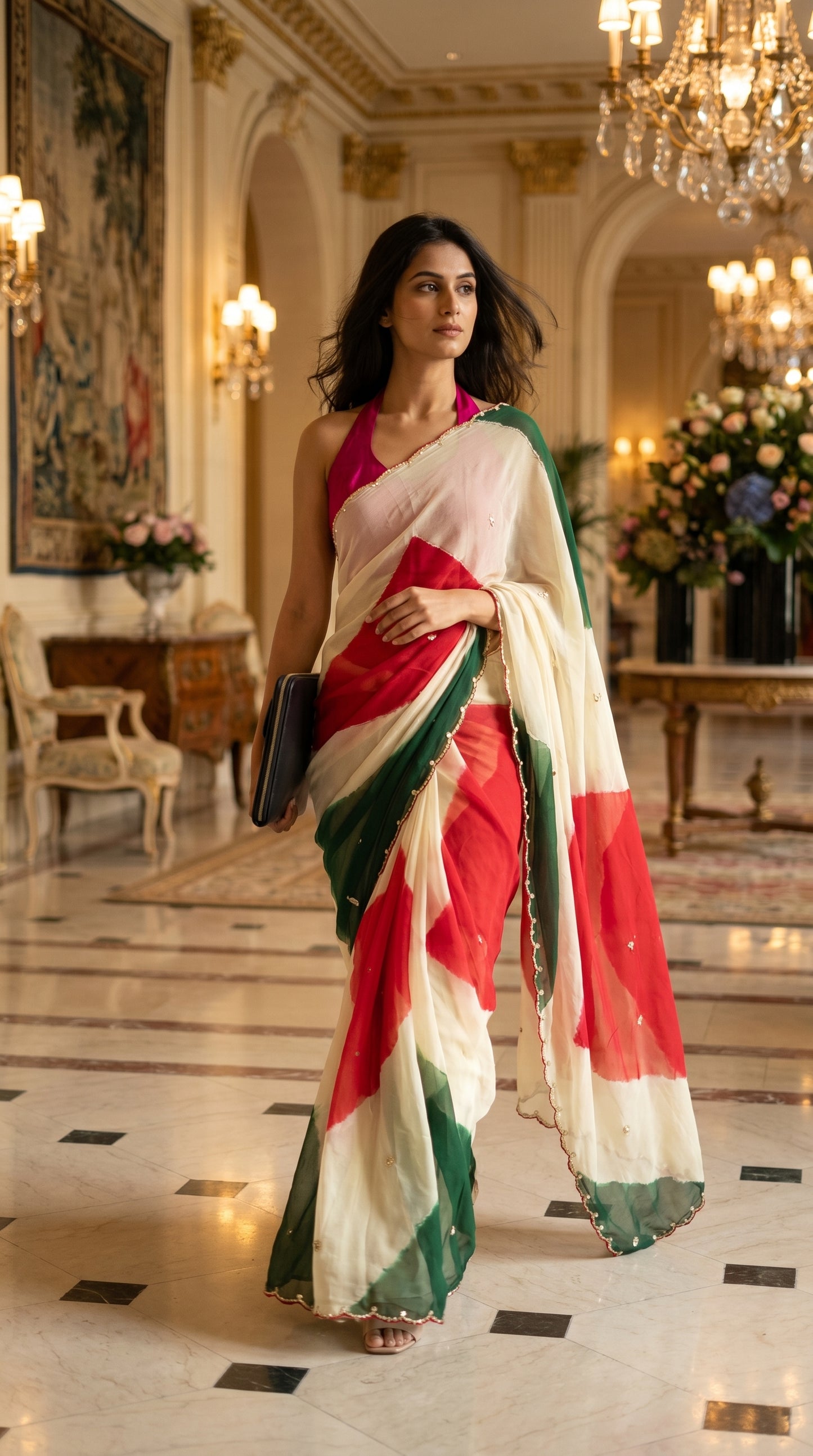 Full-length walk pose of a model carrying a sleek portfolio laptop bag, draped in an ivory chiffon saree with emerald and crimson accents