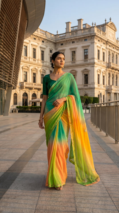A woman walking elegantly outdoors wearing a green, peach, and yellow ombré chiffon saree with a classical European building in the background