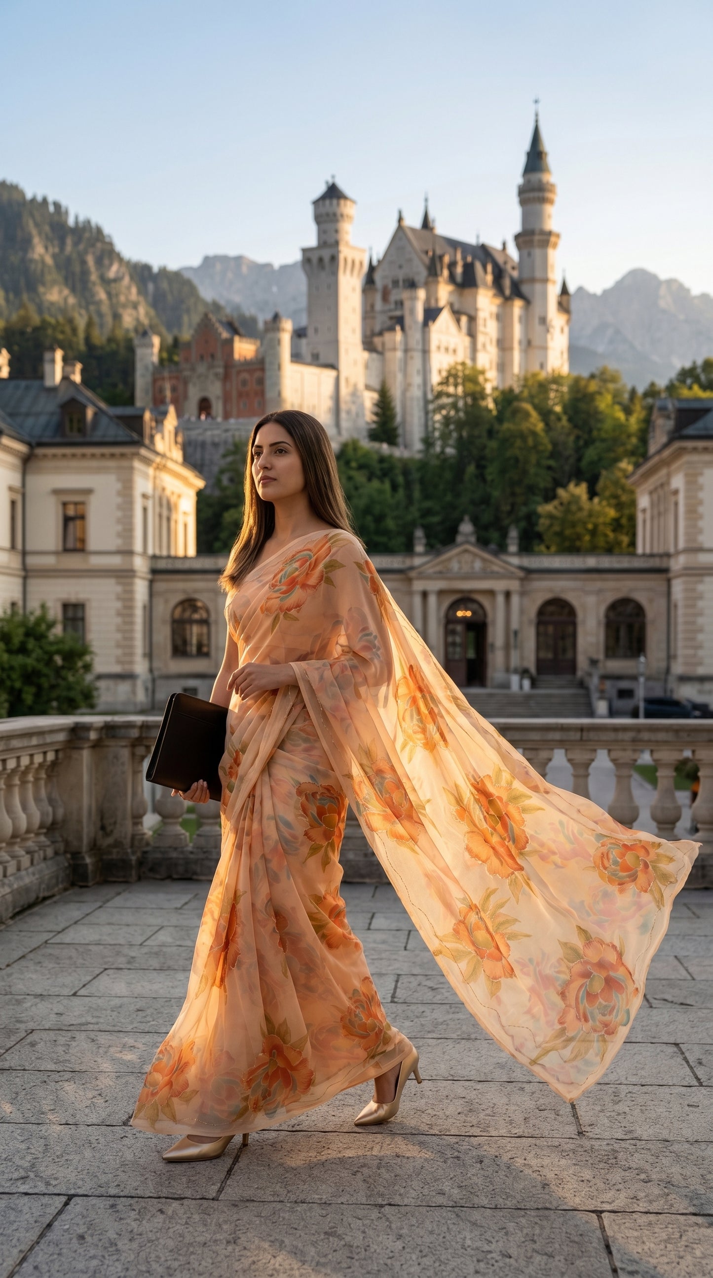 Full-length view of a model strolling on a terrace balcony against a historic castle background, highlighting the breezy movement of a peach floral printed chiffon saree