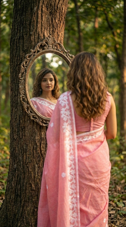 Pink Cotton Saree with Applique Border