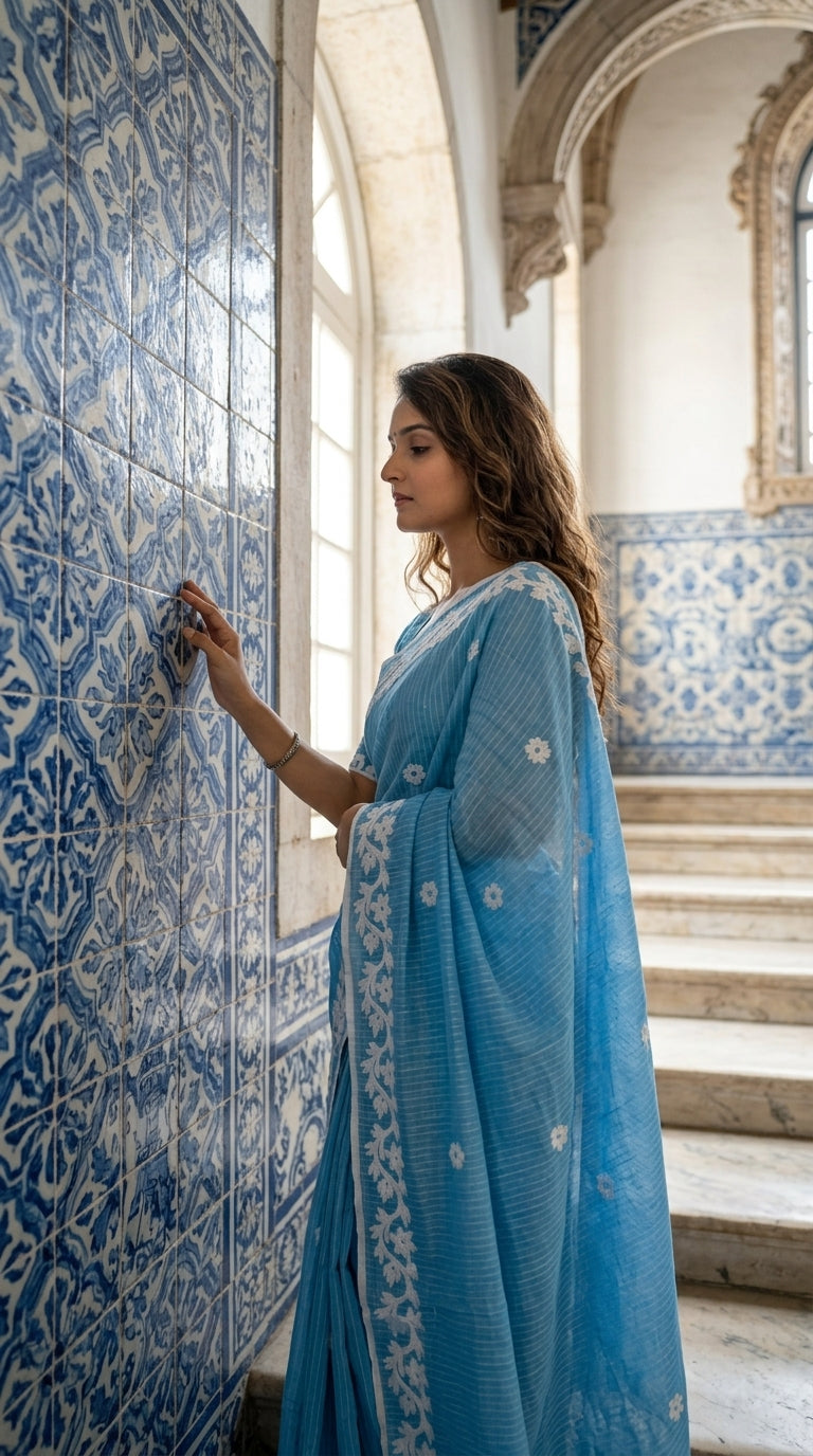 Blue Cotton Saree with Applique Border