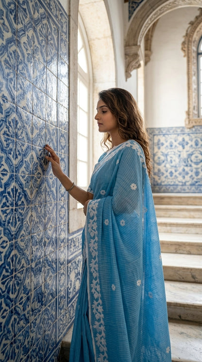 Blue Cotton Saree with Applique Border