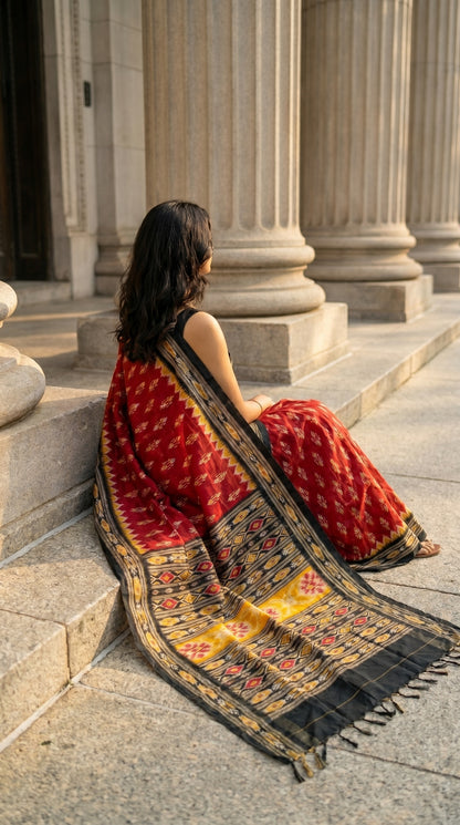 Back view of a model sitting gracefully on stone palace steps, displaying the fully extended yellow, black, and red geometric Ikat printed pallu and edge tassels