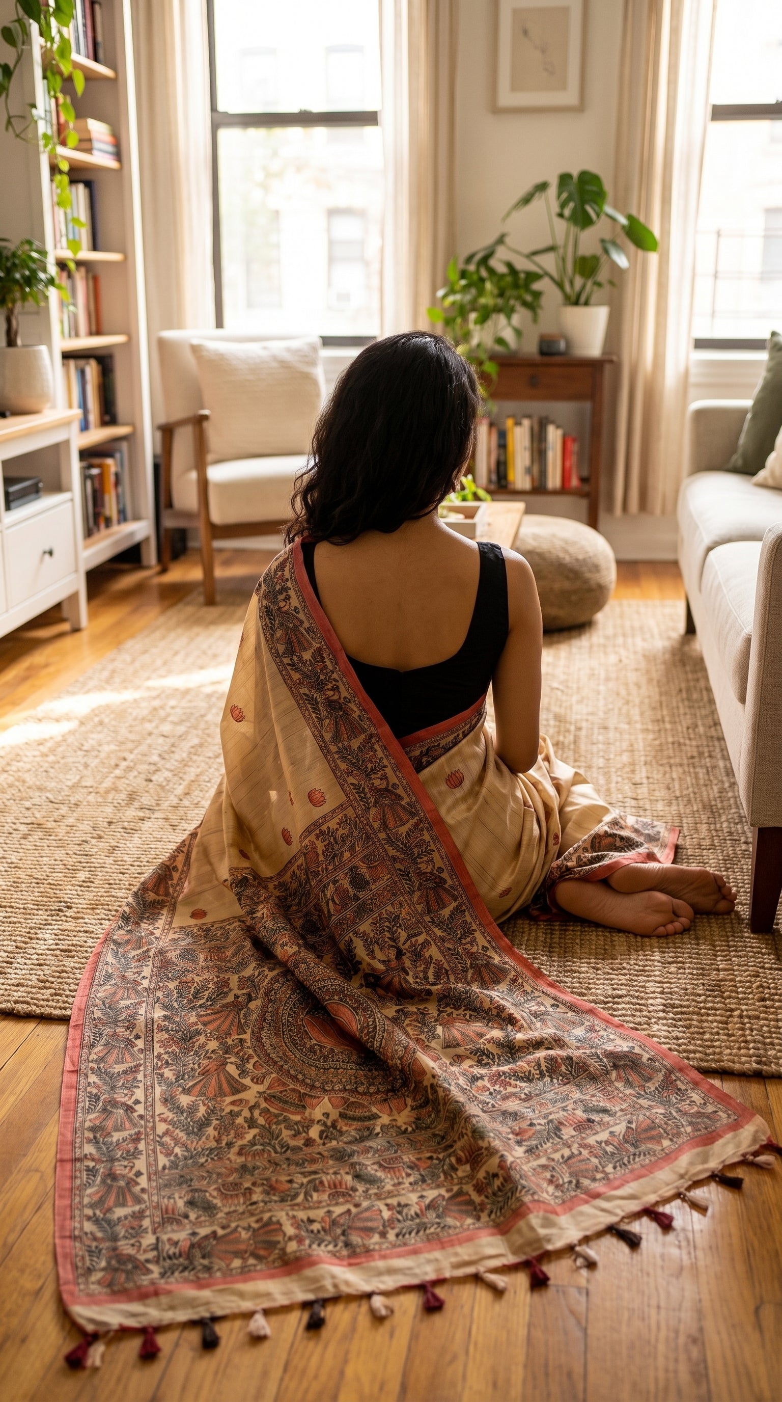 Back view of a model sitting cross-legged on a rug in a living room, displaying the intricate light-red geometric and lotus layouts on a Tussar silk pallu
