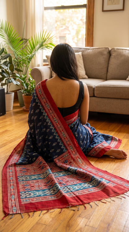 Back view of a model sitting on a wooden floor, fully spreading out the heavy crimson red geometric pallu and edge tassels of a blue Ikat print silk saree