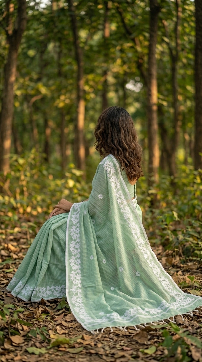 Light Green Cotton Saree with Applique Border