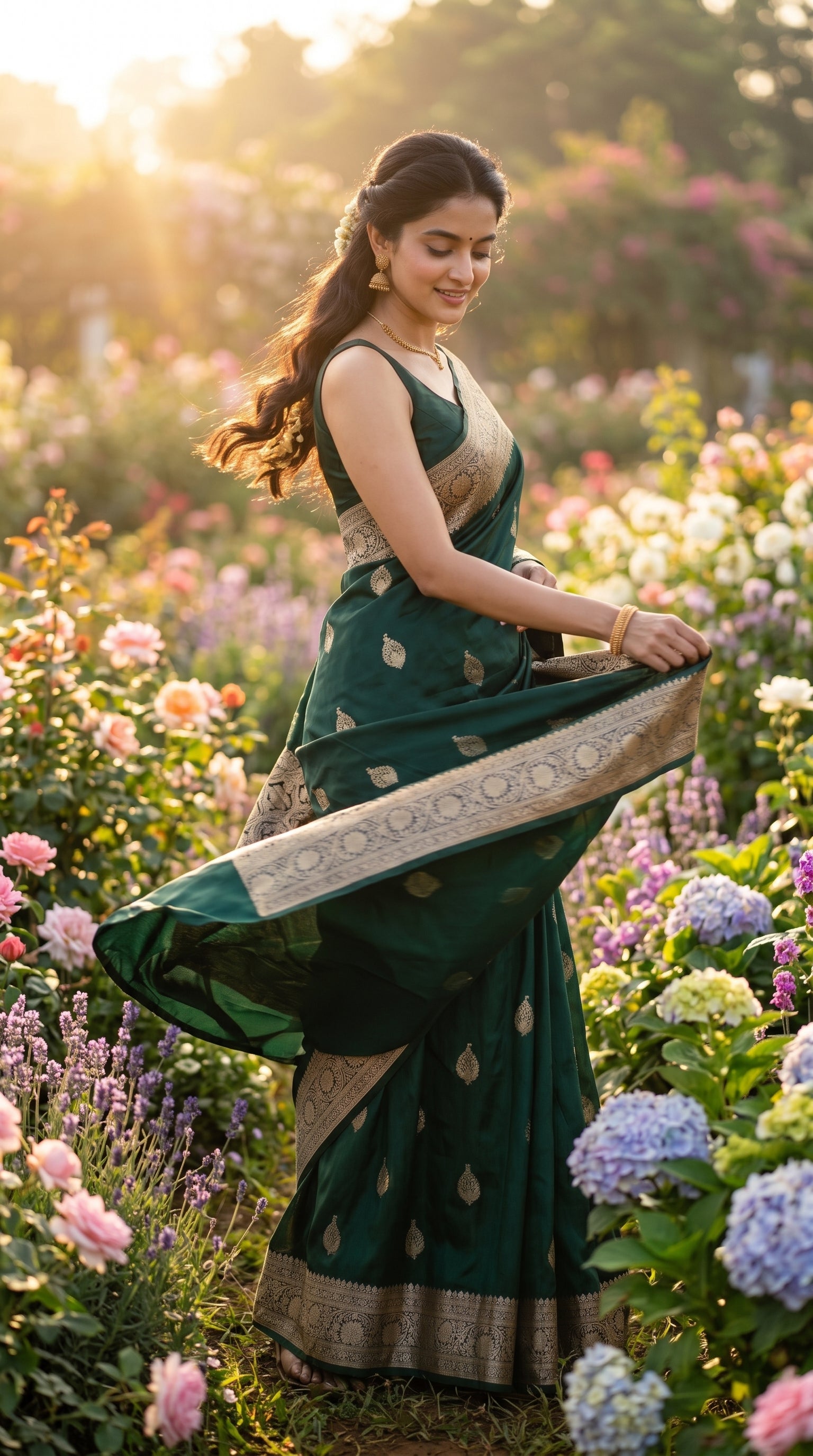 A candid shot of a smiling woman holding out her pallu while standing in a blooming flower garden at golden hour, highlighting the heavy satin luster of her bottle green saree
