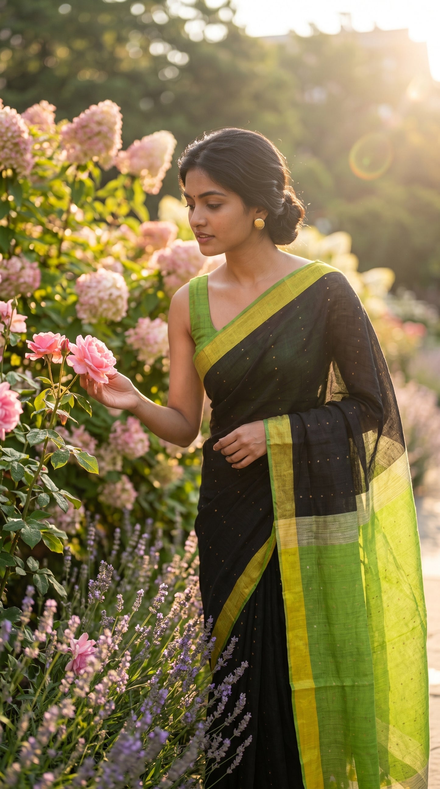 A model standing in a morning flower garden touching a pink rose, highlighting the lightweight texture and sheer green contrast pallu of her black linen saree