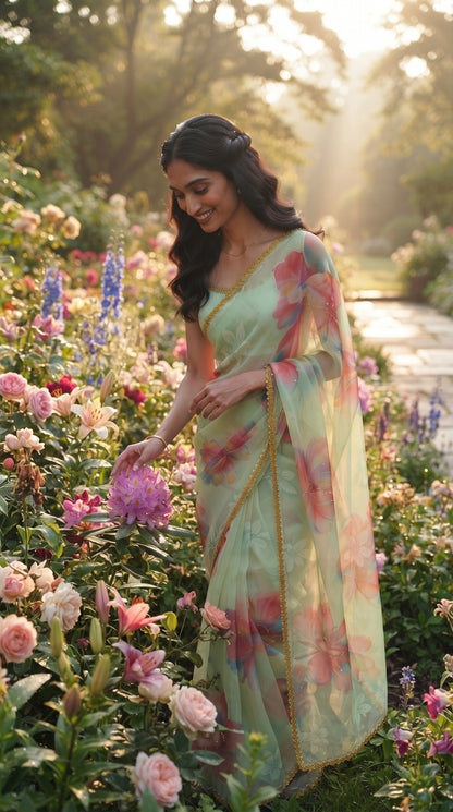 Pista Green Chiffon Saree with Delicate Lace Border