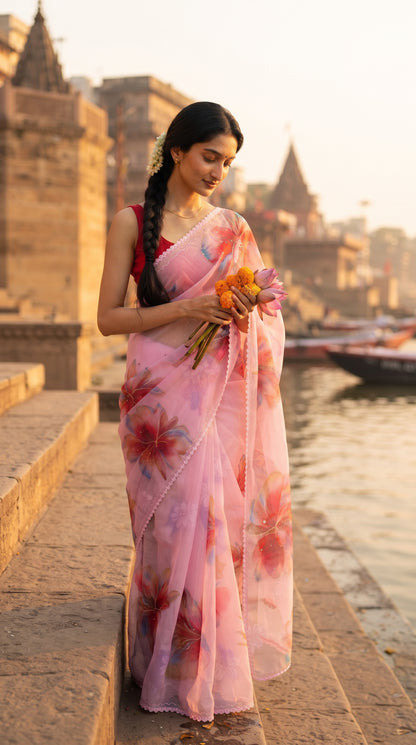 Purple Chiffon Saree with Delicate Lace Border