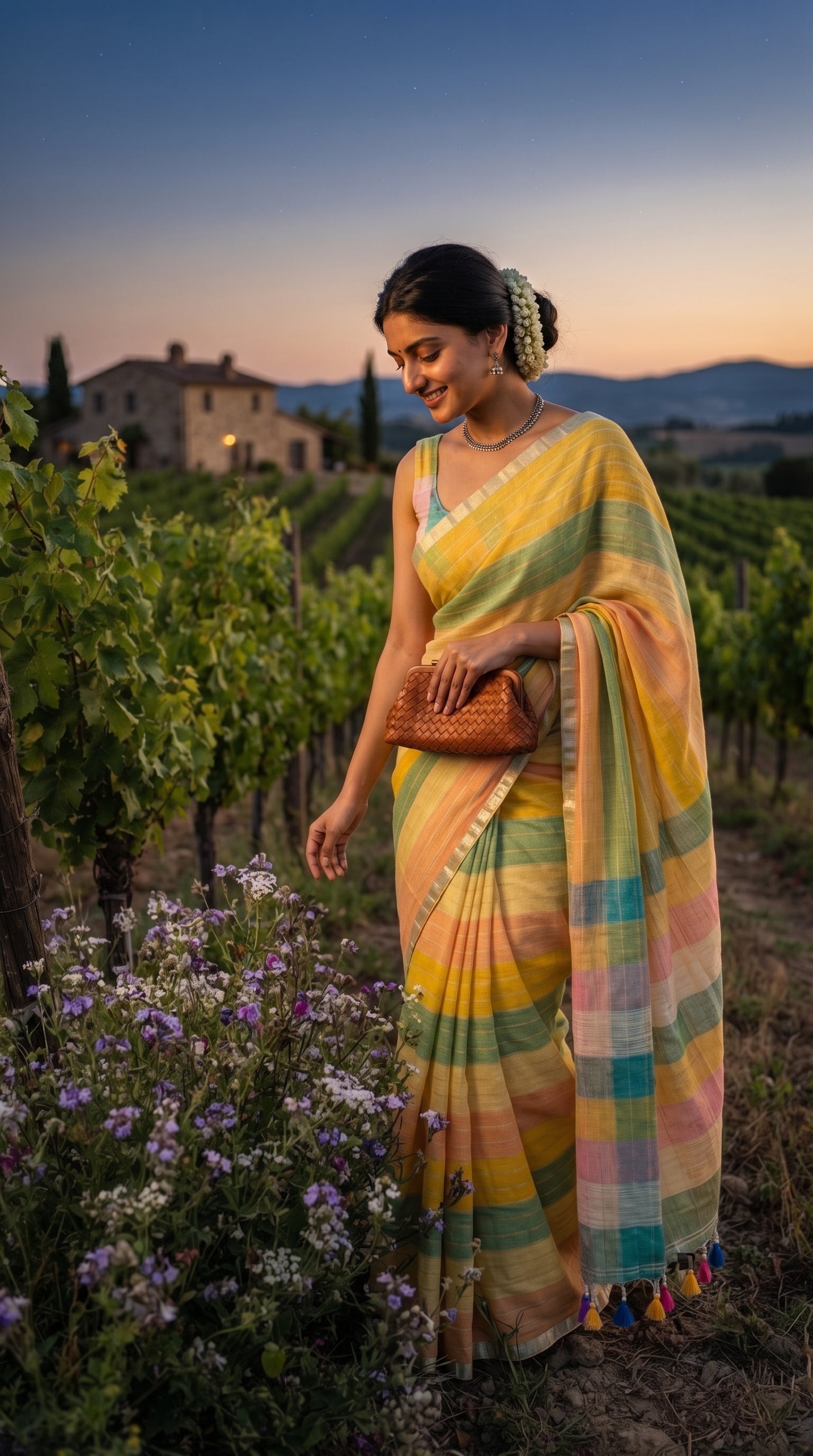 A smiling woman carrying a brown woven clutch stands next to purple wildflowers in a scenic vineyard at twilight, showcasing the bright pastel hues and fine Zari details of her yellow linen saree