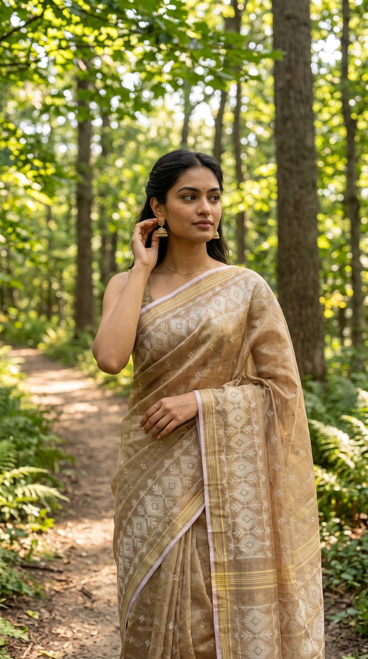 A model standing on a dirt forest trail in the afternoon sun, touching her gold jhumka earring while showcasing the translucent weave and cream Jamdani motifs of a beige saree
