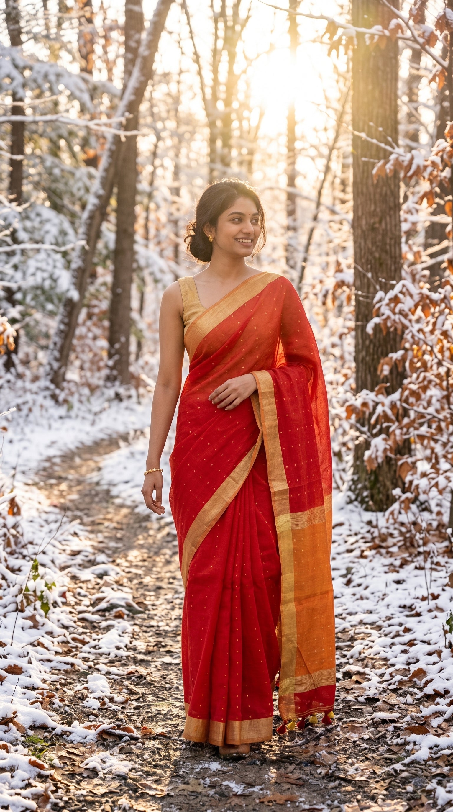 Full-length portrait of a smiling woman walking down a snowy forest trail, showcasing the vibrant drape and structured gold borders of a red linen saree